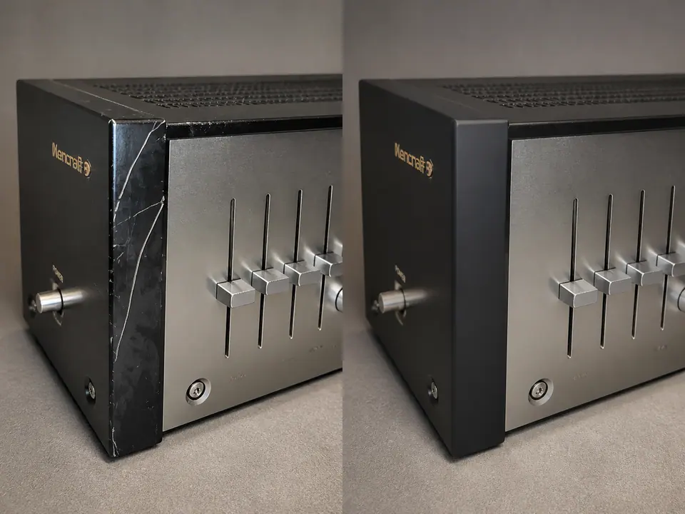 Aligned before-and-after view of a cracked Kencraft preamp end panel and its clean replacement