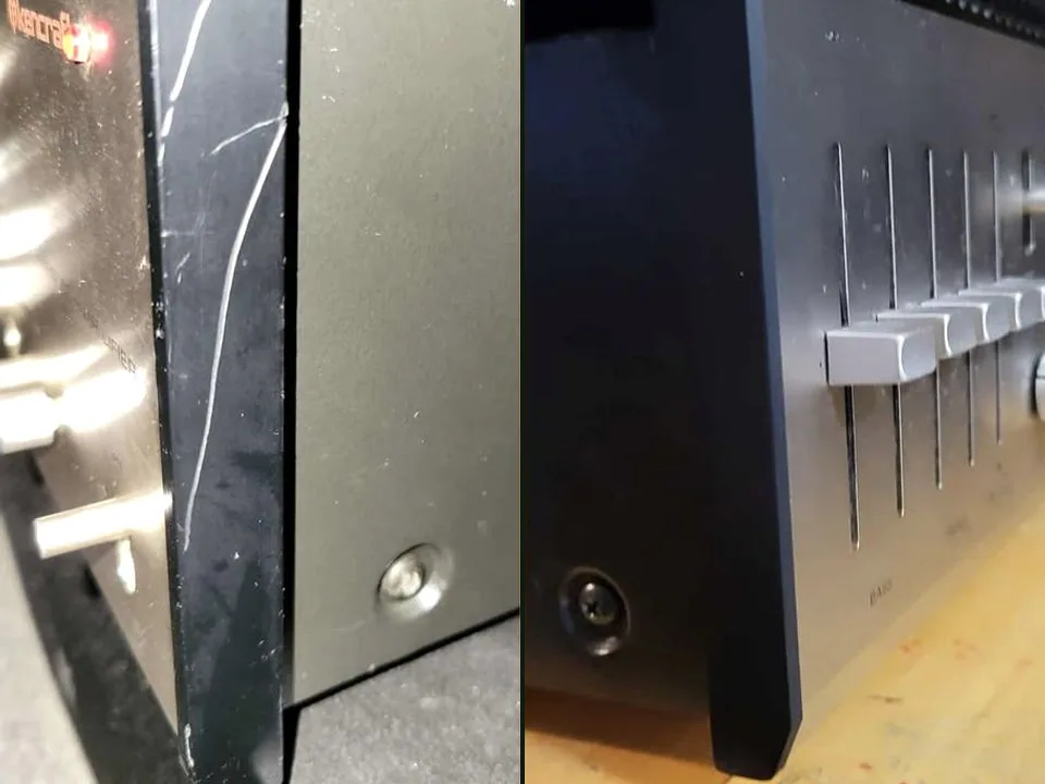 Before-and-after view of a scratched and damaged Kencraft preamp end panel and its replacement