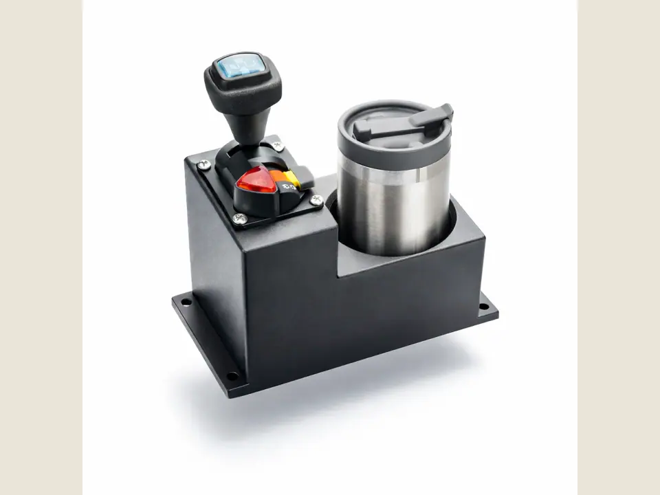 CAD render of a custom PTO control mount with an integrated cup holder