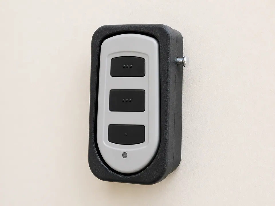Compact black wall cradle fitted around a grey three-button remote