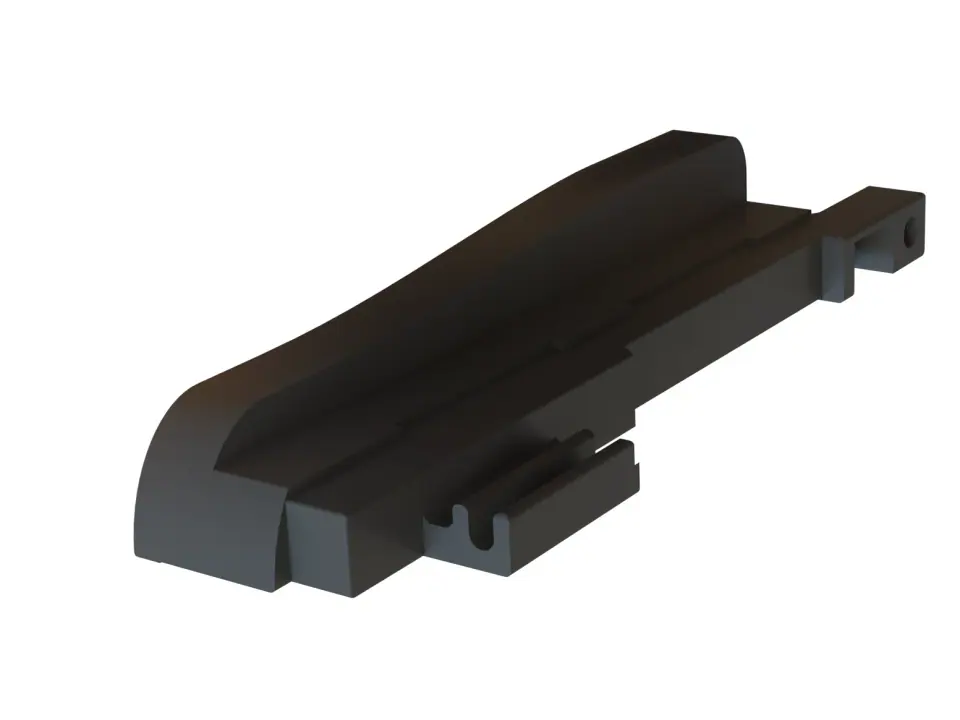 CAD render of a black replacement sunroof guide channel with its sliding and mounting features
