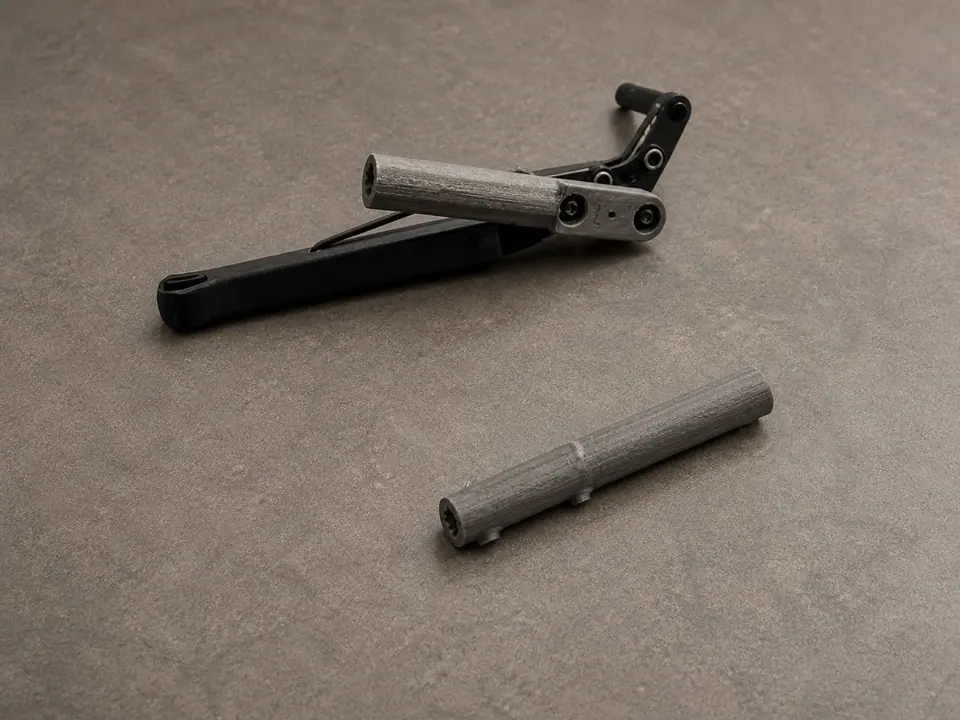 Wheelchair brake linkage assembly beside a cleanly presented replacement study