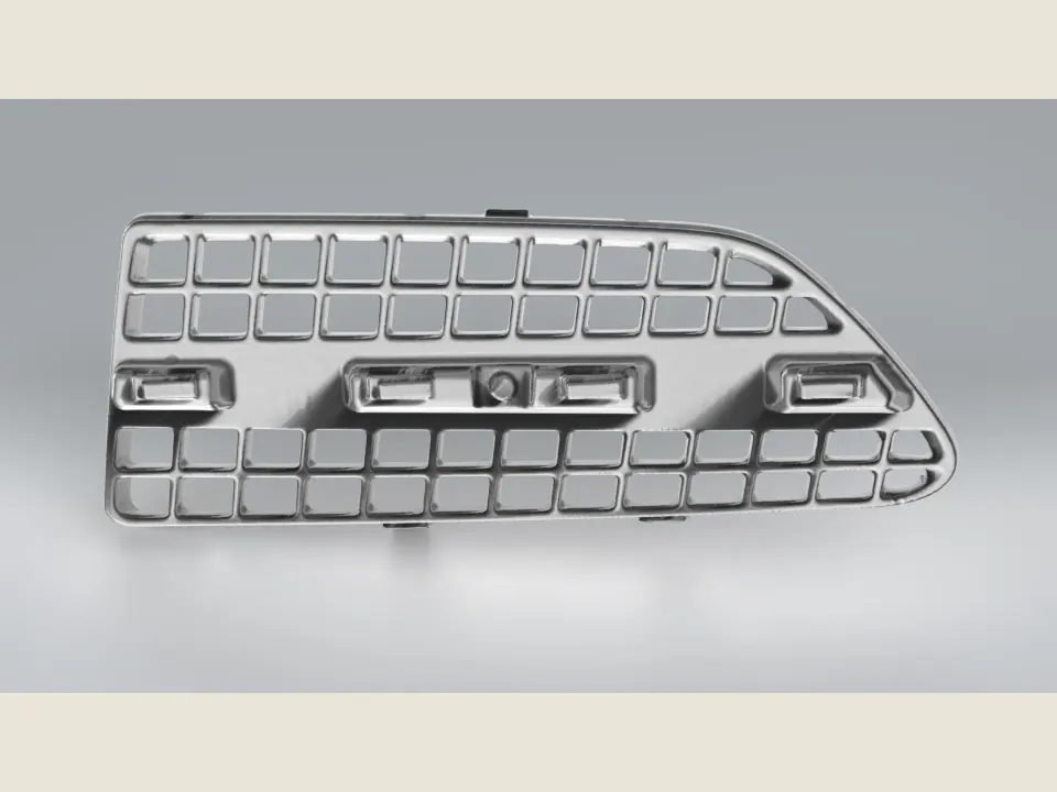 CAD render of a fitted tow-hook cover with a repeating vent-grille pattern